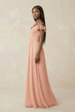 Pleated Off-the-Shoulder A-Line Chiffon Bridesmaid Dress in English Rose
