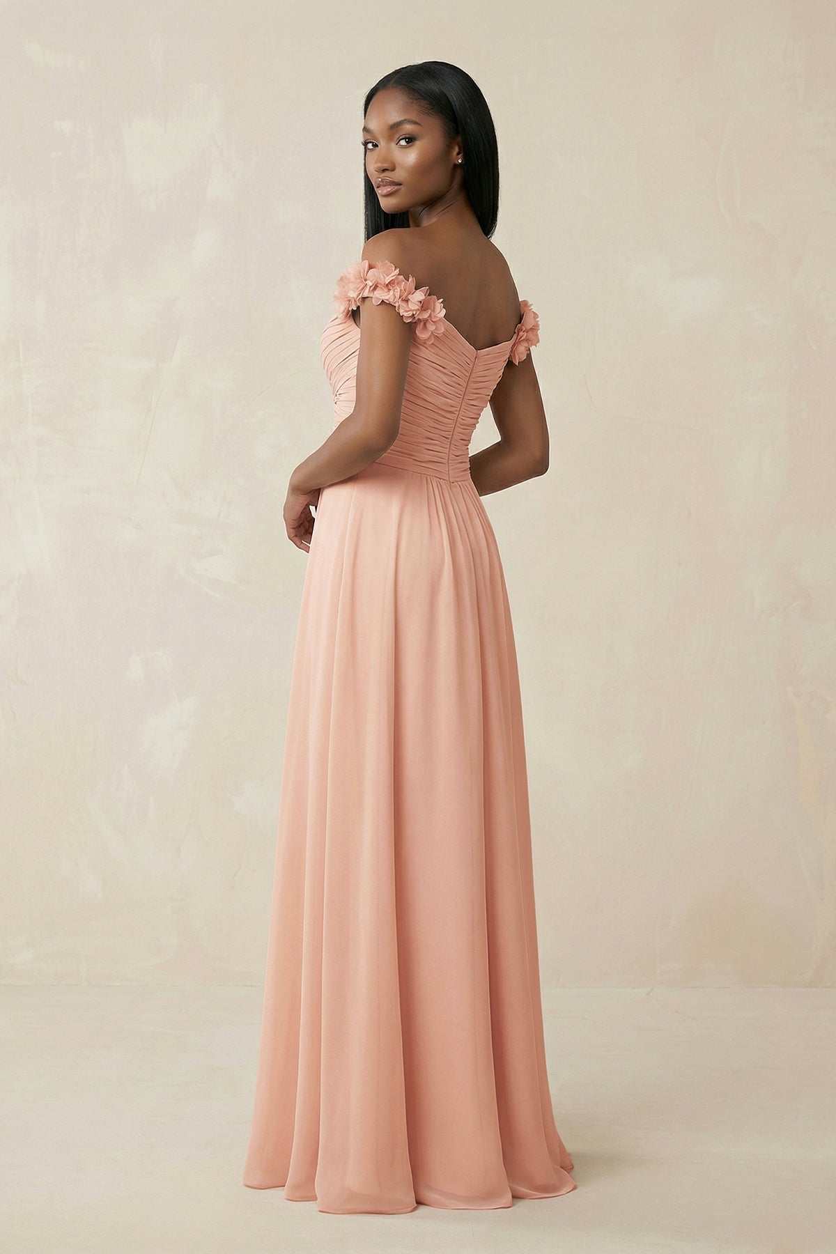 Pleated Off-the-Shoulder A-Line Chiffon Bridesmaid Dress in English Rose