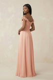 Pleated Off-the-Shoulder A-Line Chiffon Bridesmaid Dress in English Rose