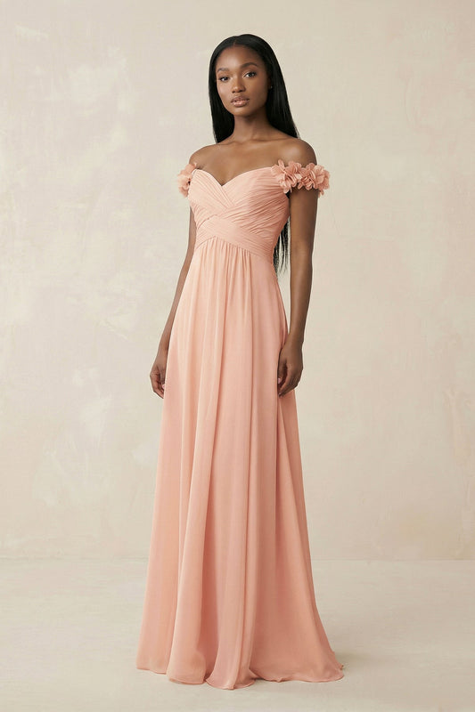 Pleated Off-the-Shoulder A-Line Chiffon Bridesmaid Dress in English Rose