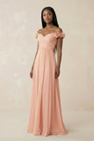 Pleated Off-the-Shoulder A-Line Chiffon Bridesmaid Dress in English Rose
