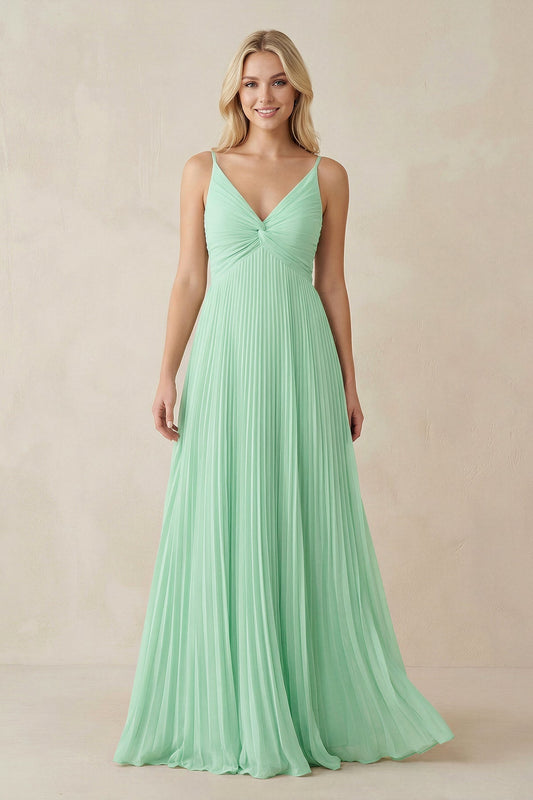 Pleated V-Neck A-Line Chiffon Bridesmaid Dress in Pale Pistachio