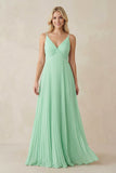 Pleated V-Neck A-Line Chiffon Bridesmaid Dress in Pale Pistachio
