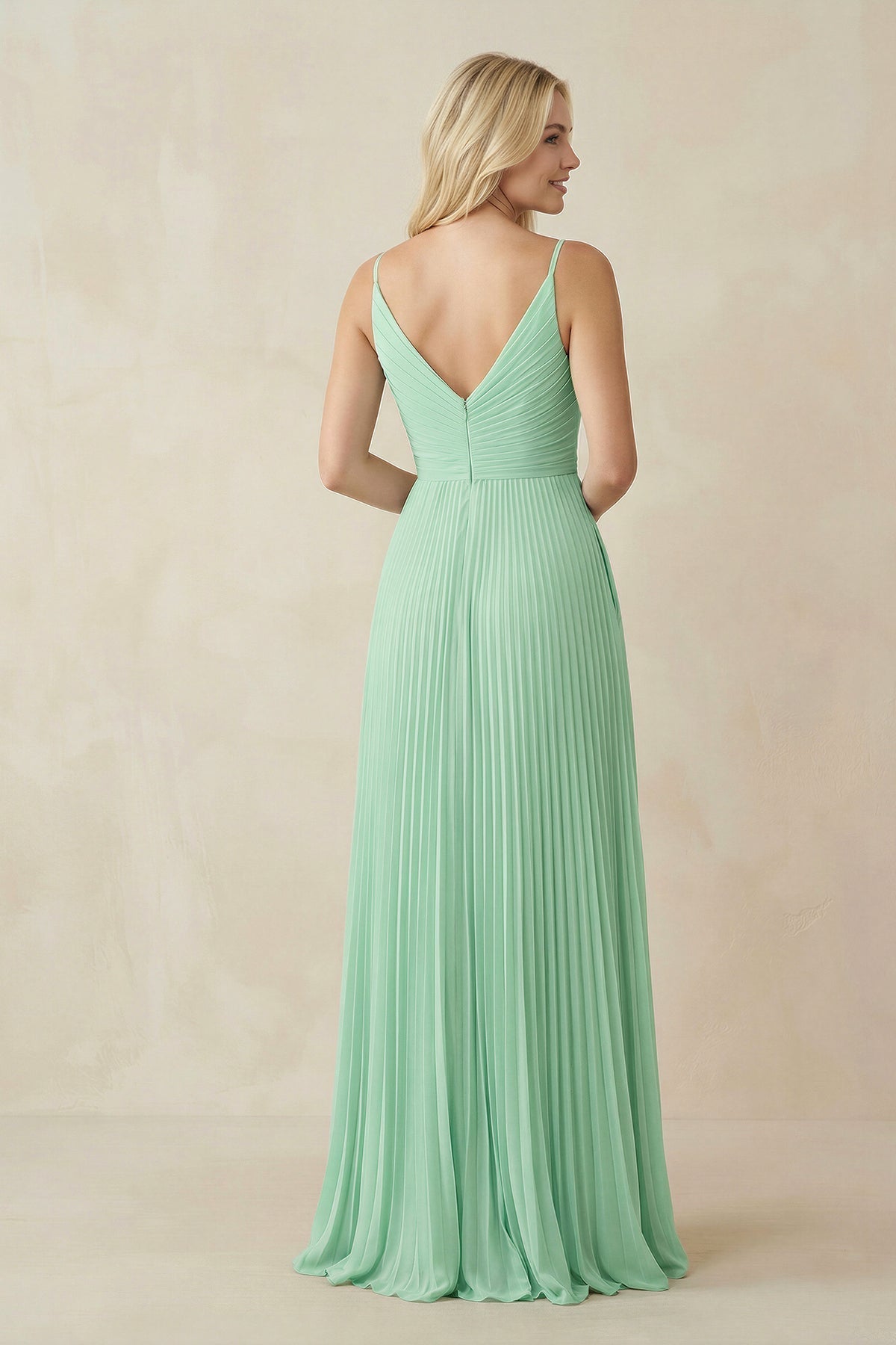 Pleated V-Neck A-Line Chiffon Bridesmaid Dress in Pale Pistachio