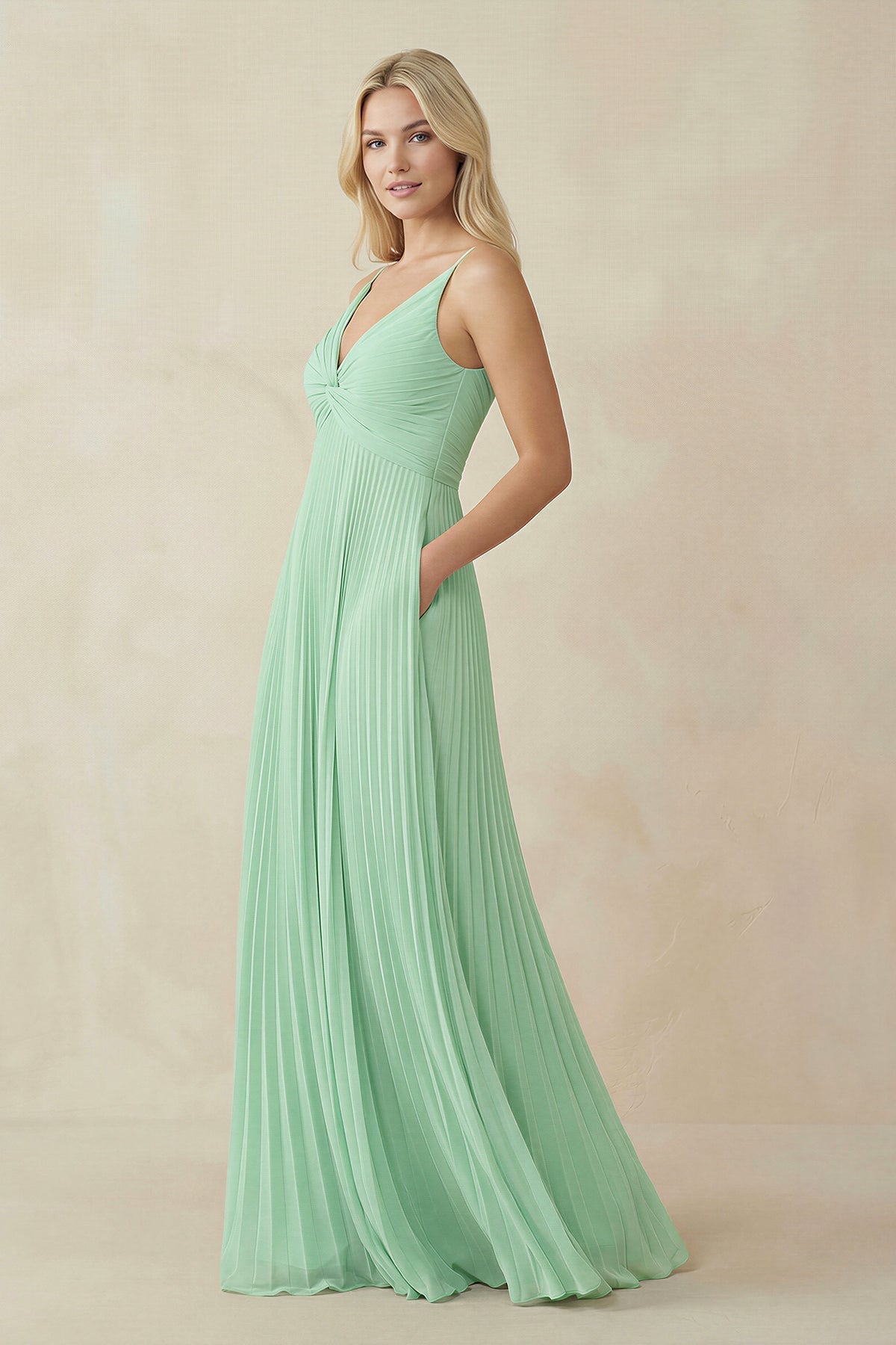 Pleated V-Neck A-Line Chiffon Bridesmaid Dress in Pale Pistachio