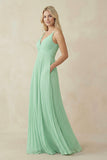 Pleated V-Neck A-Line Chiffon Bridesmaid Dress in Pale Pistachio