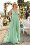 Pleated V-Neck A-Line Chiffon Bridesmaid Dress in Pale Pistachio