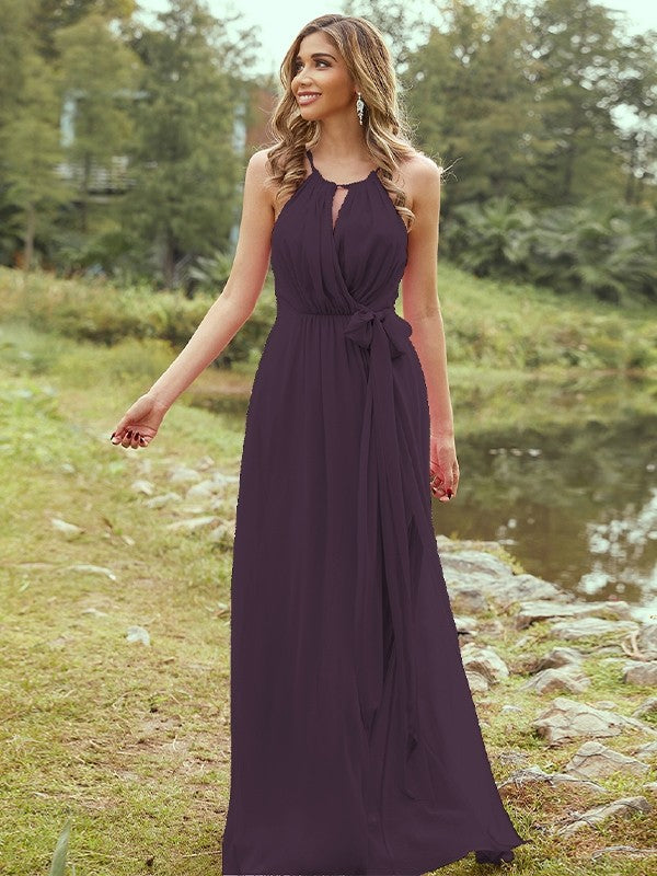 A-Line/Princess Chiffon Ruffles Halter Sleeveless Sweep/Brush Train Bridesmaid Dresses	Evening Prom Dress