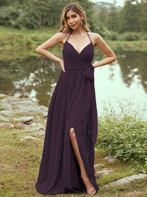 A-Line/Princess Chiffon Ruffles V-neck Sleeveless Sweep/Brush Train Bridesmaid Dresses Prom Dress