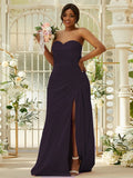 Sheath/Column Silk like Satin Ruched Sweetheart Sleeveless Sweep/Brush Train Bridesmaid Dresses Evening Dress