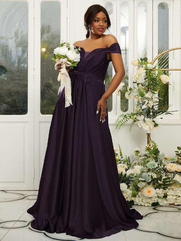 A-Line/Princess Silk like Satin Ruffles Off-the-Shoulder Sleeveless Sweep/Brush Train Bridesmaid Dresses Evening Dress