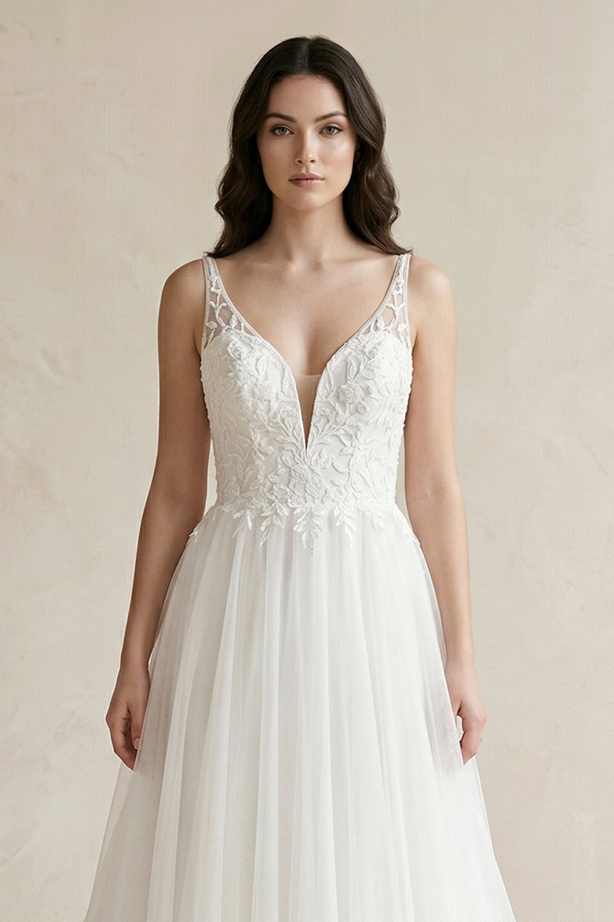 Plunge Tulle A-Line Appliqued Maxi Wedding Dress in White