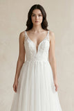 Plunge Tulle A-Line Appliqued Maxi Wedding Dress in White