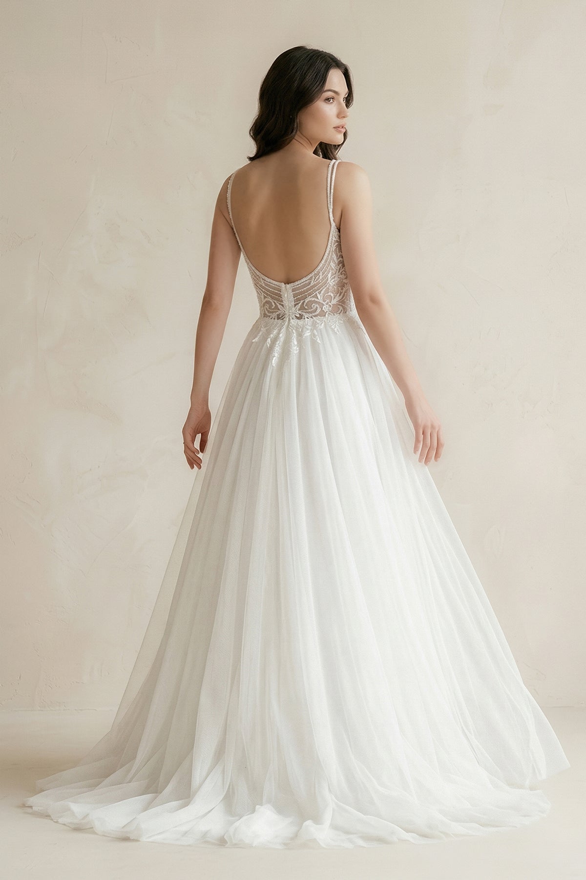 Plunge Tulle A-Line Appliqued Maxi Wedding Dress in White