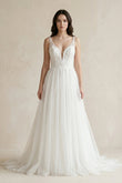 Plunge Tulle A-Line Appliqued Maxi Wedding Dress in White