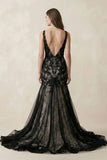 Plunge Tulle Appliqued Mermaid Wedding Dress With Open Back in Black