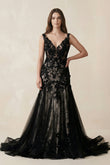 Plunge Tulle Appliqued Mermaid Wedding Dress With Open Back in Black