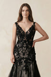 Plunge Tulle Appliqued Mermaid Wedding Dress With Open Back in Black