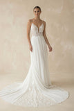 A-Line V Neck Chiffon Boho White Appliques Wedding Dresses