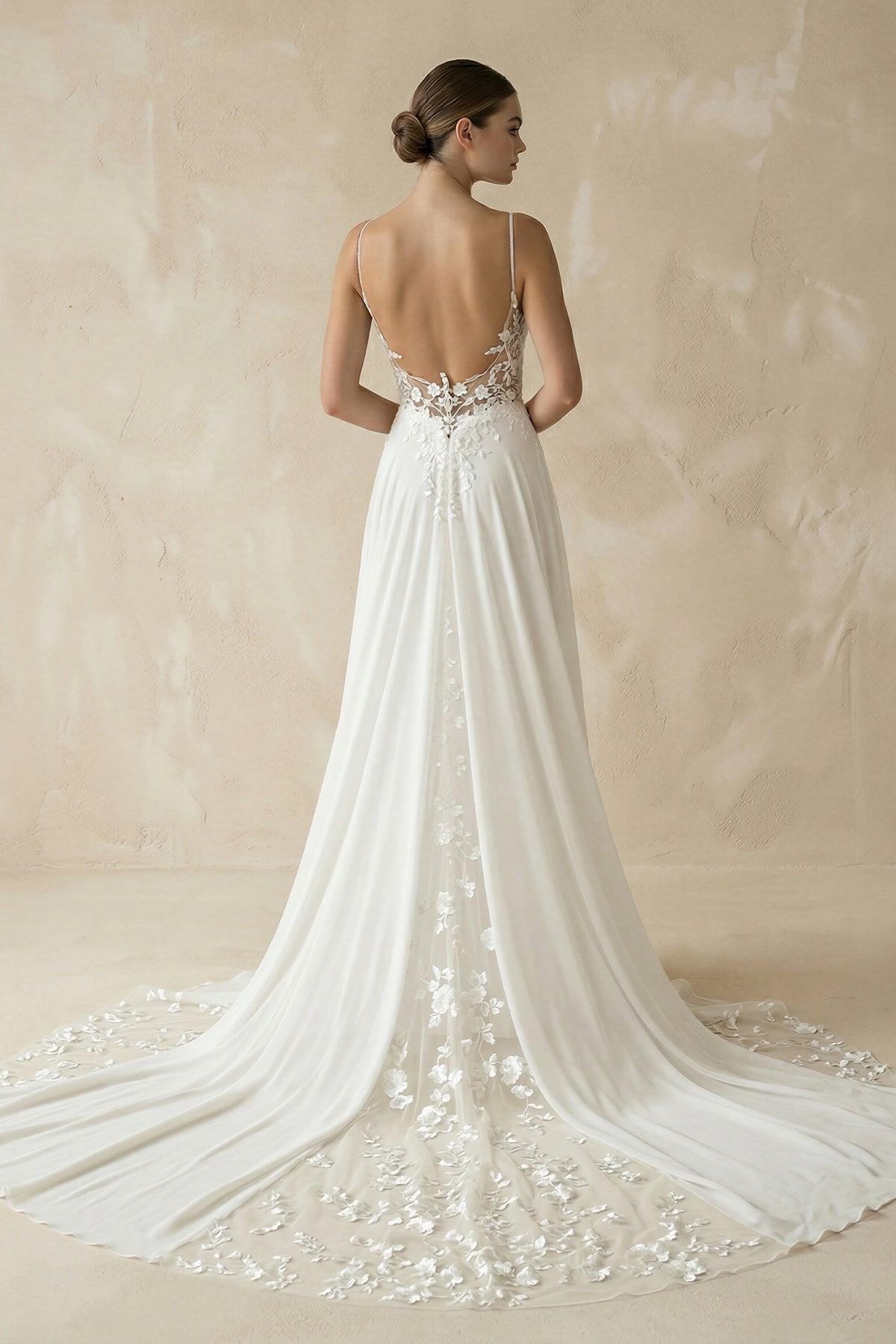 A-Line V Neck Chiffon Boho White Appliques Wedding Dresses