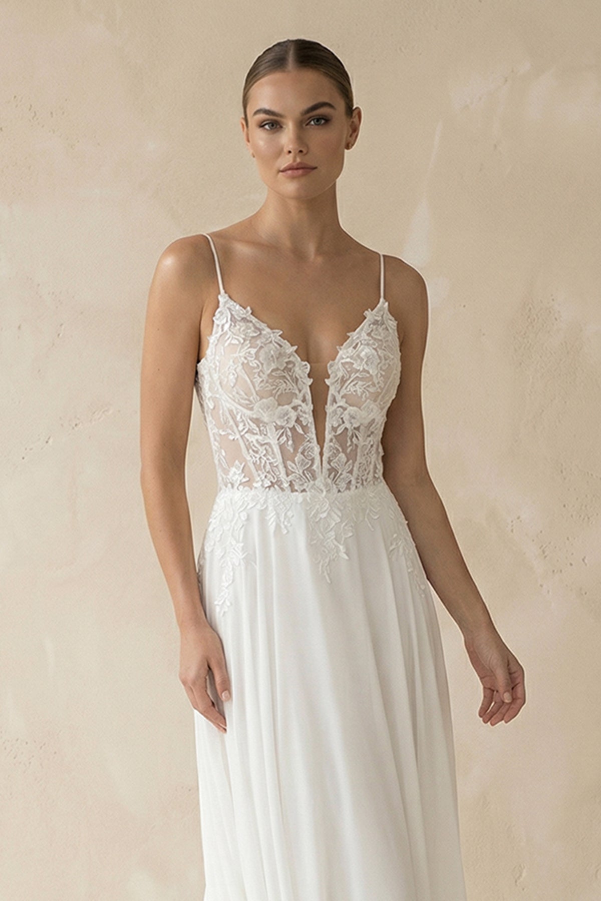A-Line V Neck Chiffon Boho White Appliques Wedding Dresses
