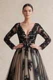 Plunging Tulle Appliqued Ball-Gown Wedding Dress in Black and Nude