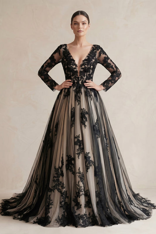 Plunging Tulle Appliqued Ball-Gown Wedding Dress in Black and Nude
