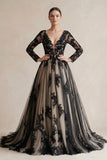 Plunging Tulle Appliqued Ball-Gown Wedding Dress in Black and Nude