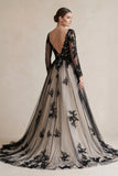 Plunging Tulle Appliqued Ball-Gown Wedding Dress in Black and Nude