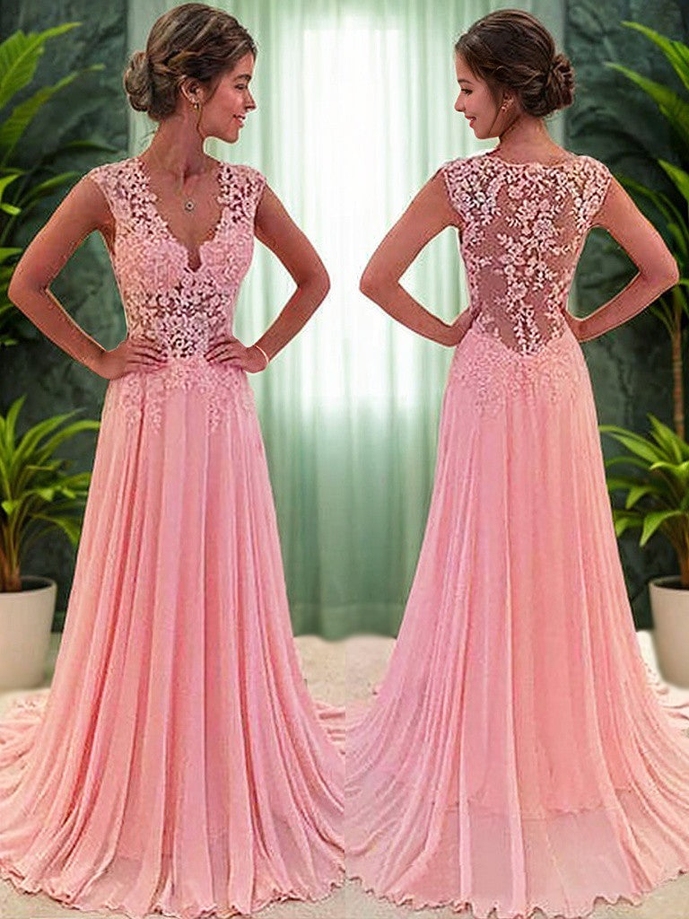 A-Line/Princess Sleeveless Chiffon Lace V-neck Sweep/Brush Train Dresses Prom Evening Dress