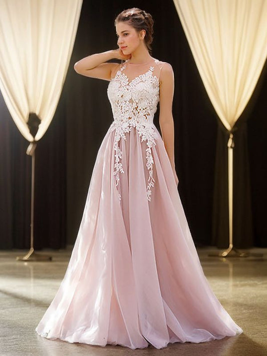 Vestido de noche de graduación con corte A/princesa, sin mangas, largo hasta el suelo, con apliques de tul