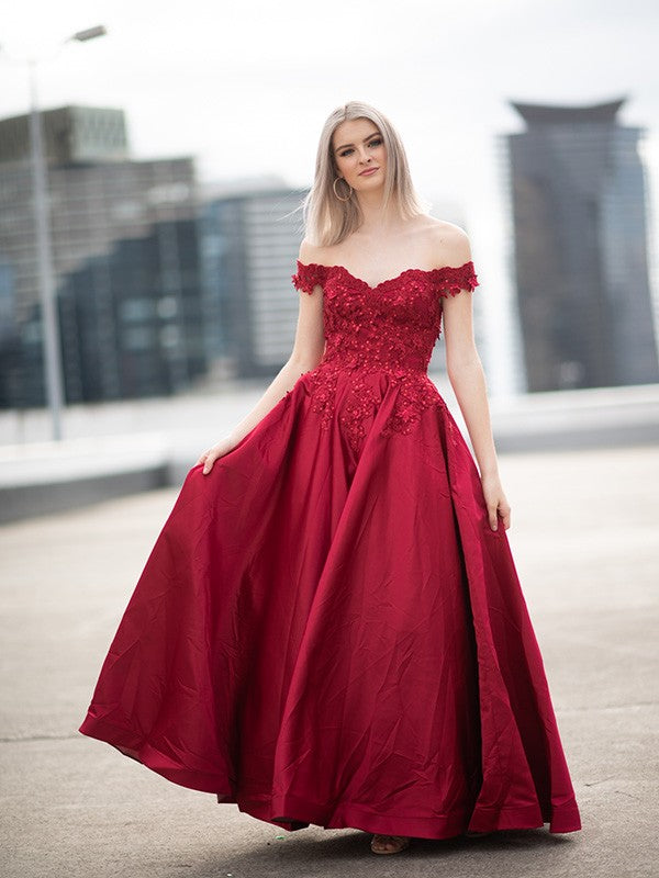 Vestido de fiesta de noche con hombros descubiertos, apliques de satén, sin mangas y largo hasta el suelo
