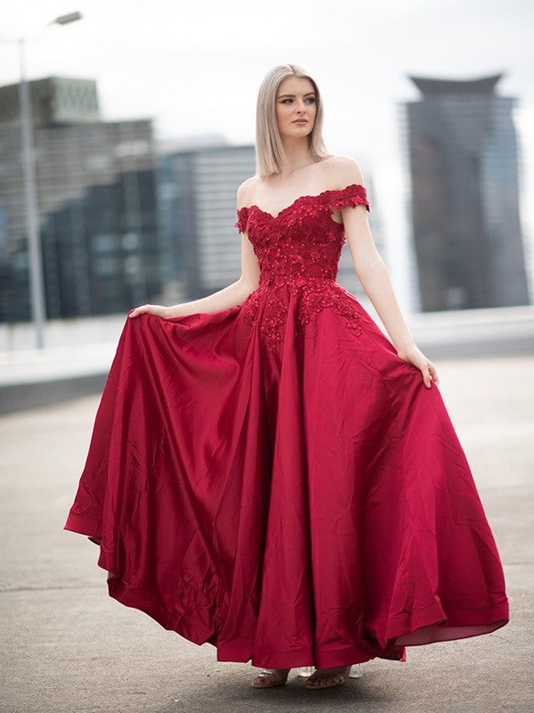 Vestido de fiesta de noche con hombros descubiertos, apliques de satén, sin mangas y largo hasta el suelo