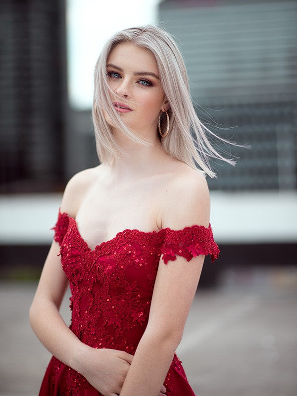 Vestido de fiesta de noche con hombros descubiertos, apliques de satén, sin mangas y largo hasta el suelo