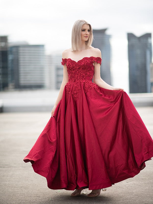 Vestido de fiesta de noche con hombros descubiertos, apliques de satén, sin mangas y largo hasta el suelo