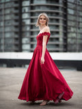 Vestido de fiesta de noche con hombros descubiertos, apliques de satén, sin mangas y largo hasta el suelo