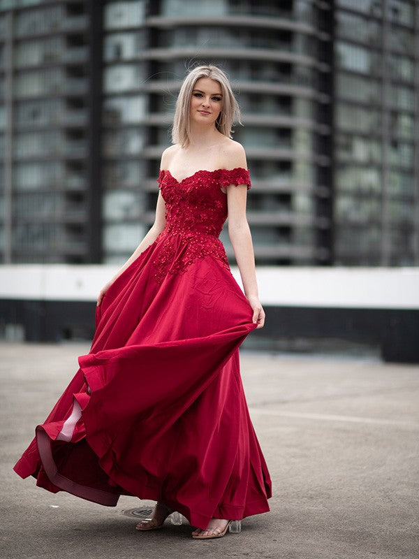 Vestido de fiesta de noche con hombros descubiertos, apliques de satén, sin mangas y largo hasta el suelo