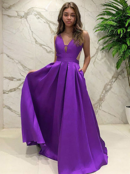 Vestido de noche de graduación con escote en V, sin mangas, cola larga y volantes de satén