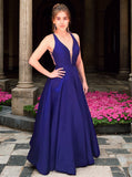 A-Linie V-Ausschnitt Ärmellos Bodenlang Mit Rüschen Satin Kleider Ball Abendkleid