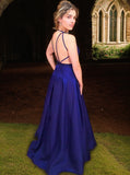 A-Linie V-Ausschnitt Ärmellos Bodenlang Mit Rüschen Satin Kleider Ball Abendkleid