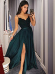 Vestido de noche de graduación con tirantes finos, sin mangas, largo hasta el suelo, con encaje, imitación seda satinada