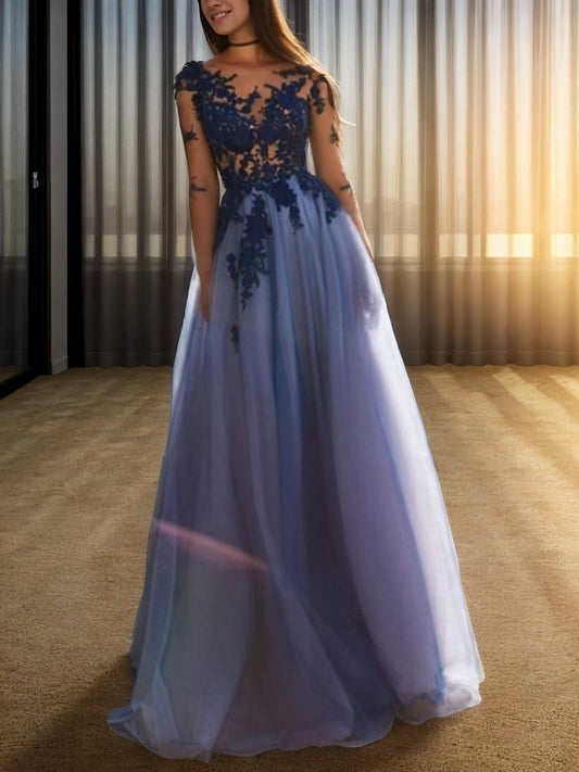 Vestido de noche de graduación con corte en A, mangas largas y escote redondo, largo hasta el suelo, con apliques de tul