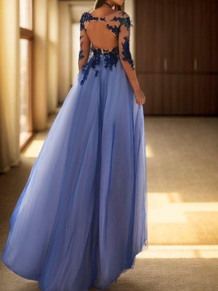 Vestido de noche de graduación con corte en A, mangas largas y escote redondo, largo hasta el suelo, con apliques de tul
