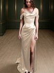 Sheath/Column Off-the-Shoulder Short Sleeves Sweep/Brush Train Silk Like Satin Dresses Prom Evening Dress