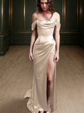 Sheath/Column Off-the-Shoulder Short Sleeves Sweep/Brush Train Silk Like Satin Dresses Prom Evening Dress