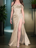 Sheath/Column Off-the-Shoulder Short Sleeves Sweep/Brush Train Silk Like Satin Dresses Prom Evening Dress