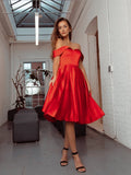 Vestido de fiesta de graduación, corte A/princesa, fruncido, hombros descubiertos, de satén, sin mangas, hasta la rodilla
