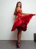 Vestido de fiesta de graduación, corte A/princesa, fruncido, hombros descubiertos, de satén, sin mangas, hasta la rodilla