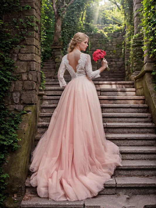 Ballkleid V-Ausschnitt Hofschleppe Lange Ärmel Applikationen Tüll Brautkleider Rosa Brautkleider