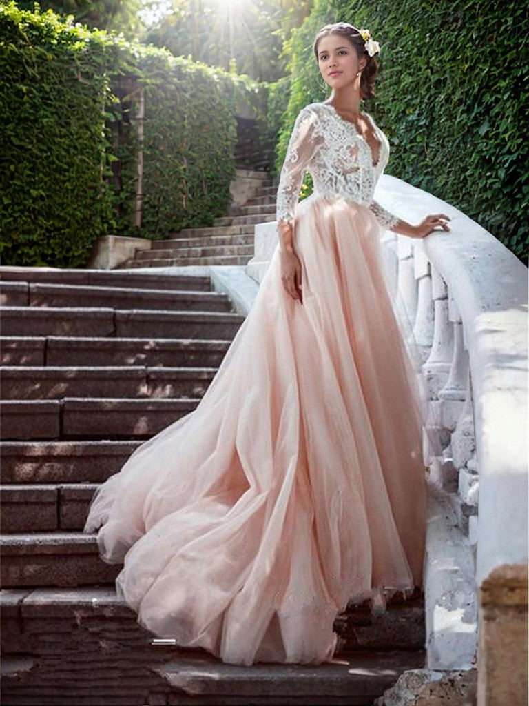 Ballkleid V-Ausschnitt Hofschleppe Lange Ärmel Applikationen Tüll Brautkleider Rosa Brautkleider